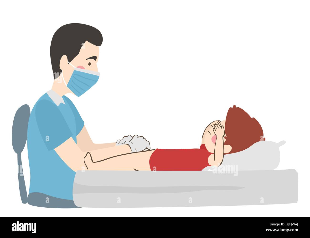 Illustration of Kid Boy Lying in Hospital Bed with His Doctor Performing Circumcision Stock Photo