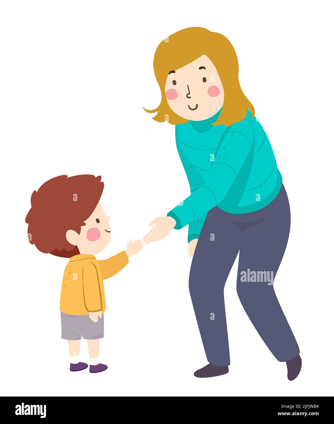 Illustration of Kid Boy Extending His Arm to Shake Hands with Adult Girl Stock Photo