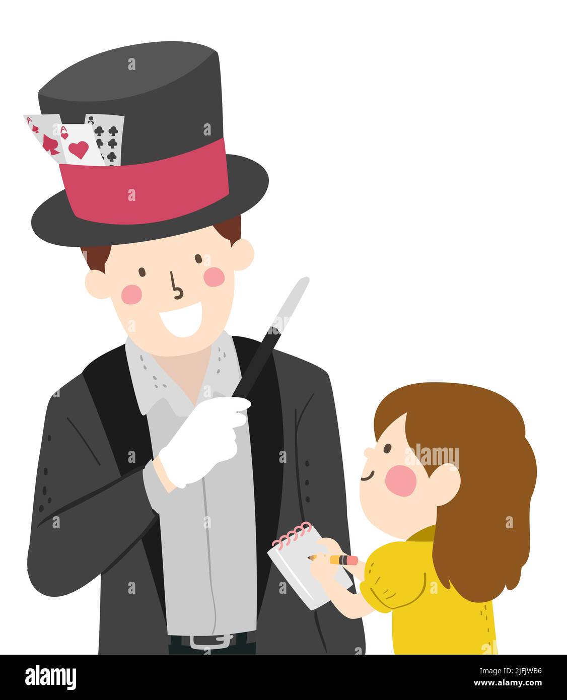 Illustration of Man Magician Wearing Top Hat with Magic Cards, Holding Magic Wand and Kid Girl Asks Interview Questions and Take Notes Stock Photo