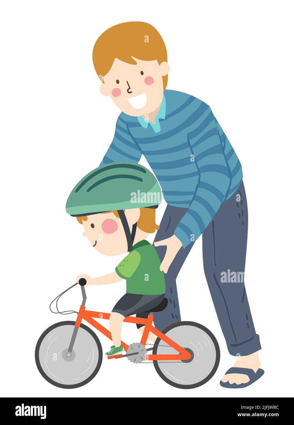 Illustration of Kid Boy Wearing Helmet, Learning to Ride Bicycle with His Dad Supporting Him Stock Photo