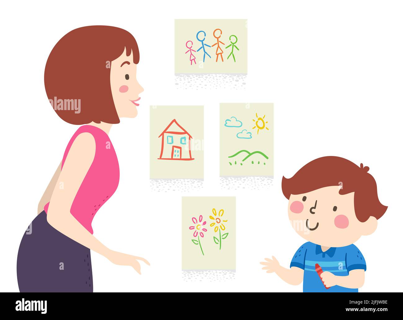 Illustration of Kid Boy Holding a Crayon with Mom Looking at His Drawings in His Art Exhibit at Home Stock Photo