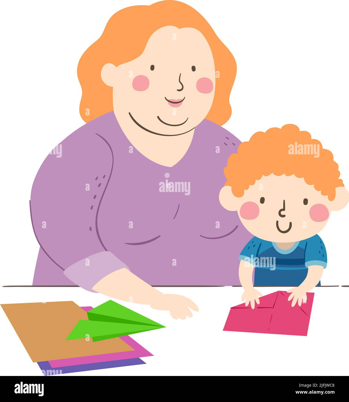 Illustration of Kid Boy Folding Paper and Mother Teaches How to Make Paper Airplane Using Colored Papers. Origami Stock Photo