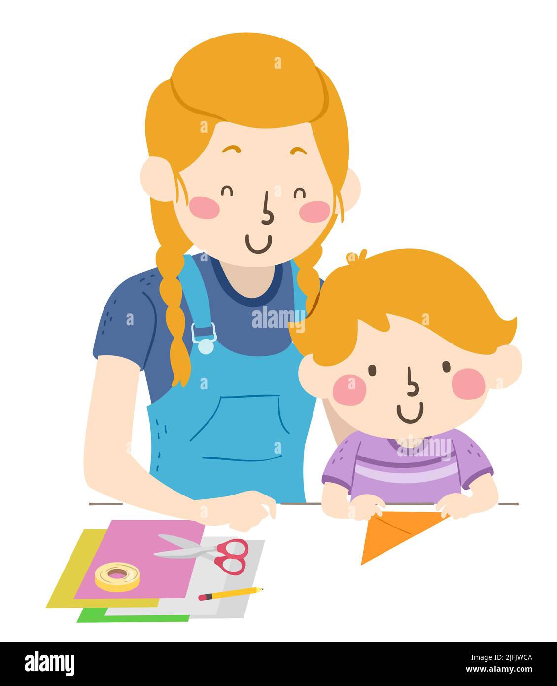 Illustration of Kid Boy Folding a Paper Using Craft Supplies with His Sister. Origami Stock Photo