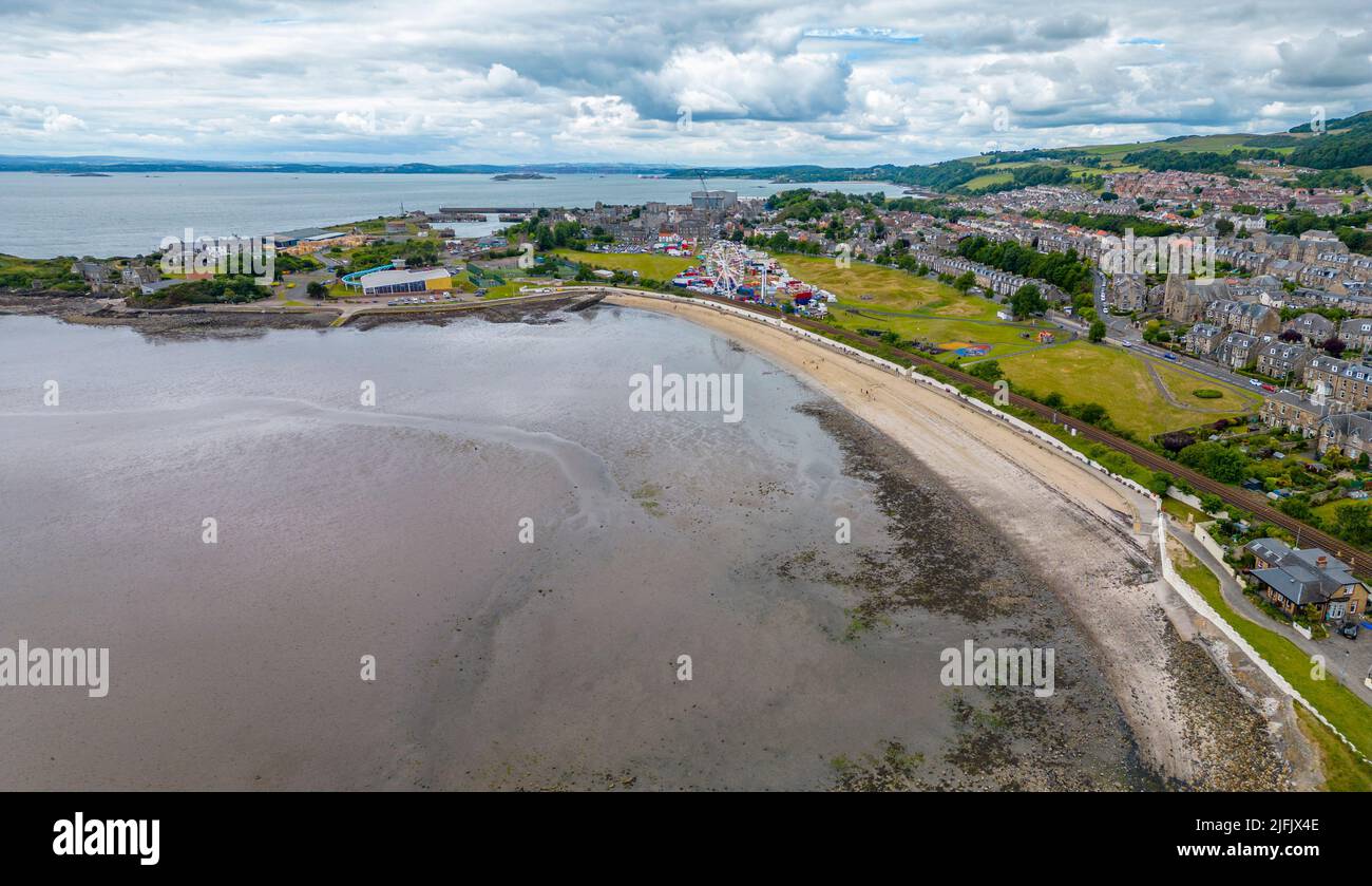 Aerial view from drone of beach and promenade at Burntisland in Fife