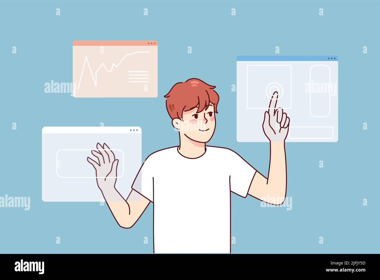 Man designer use touchpad access personal identification. Male using creative digital app interface. Web design and technology. Vector illustration. Stock Vector