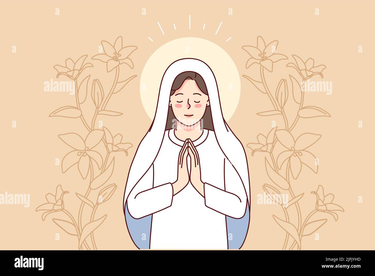Virgin Mary surrounded by lilies praying. Mother of Jesus Christ in prayer. Faith and religion. Vector illustration.  Stock Vector