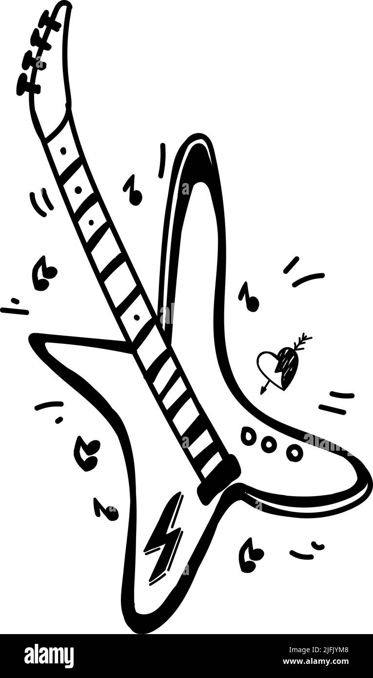 Hand-drawn rock guitar in doodle-sketch style. Electric musical instrument. Music. Heart with an arrow. Vector in a simple cartoon style. Isolated ele Stock Vector