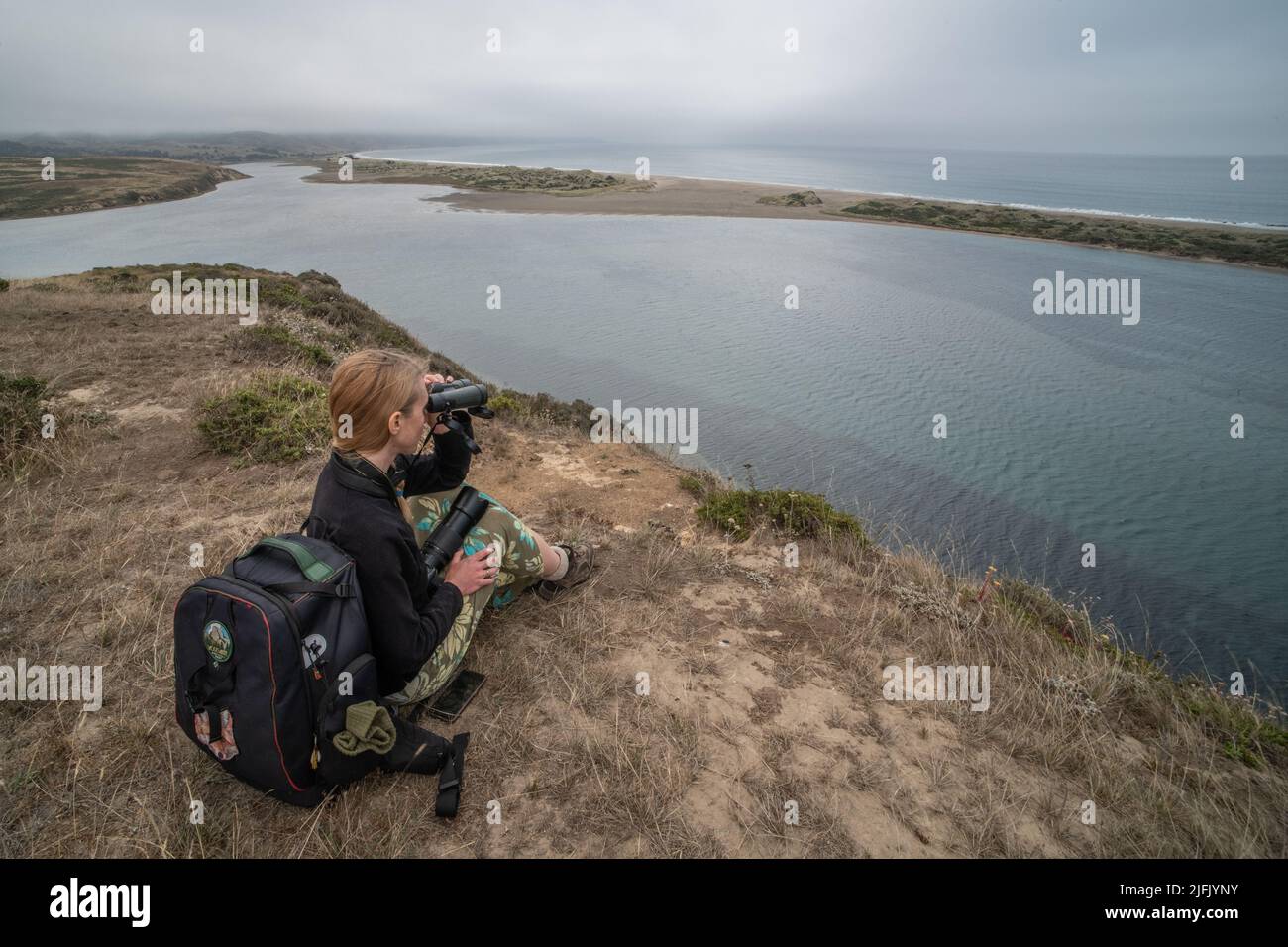 A bird watcher sits on coastal cliffs looking through binoculars scanning the coast of the Pacific ocean at point reyes National seashore in CA. Stock Photo