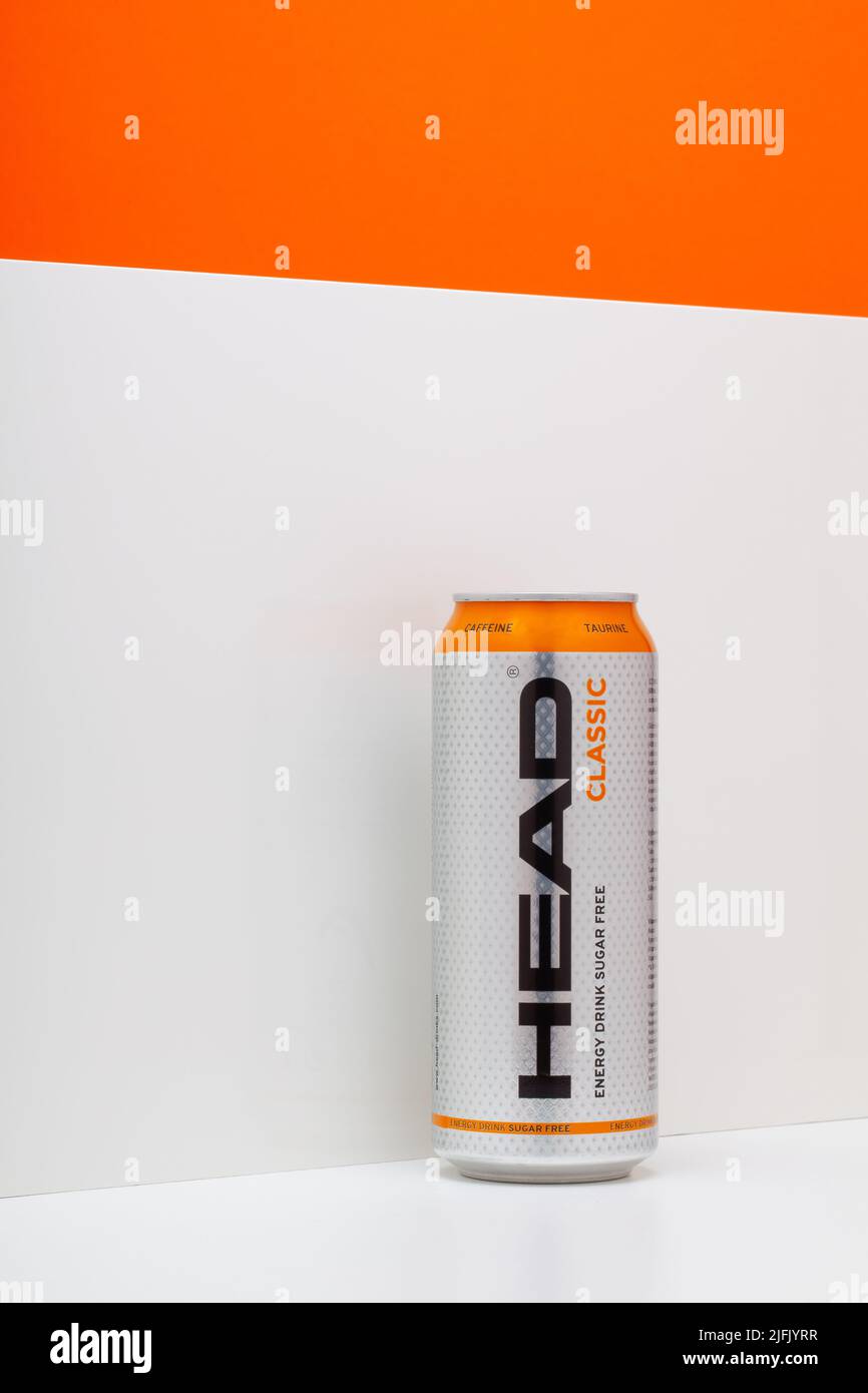 Prague, Czech Republic - 23, March 2022: HEAD CLASSIC Energy Drink the white background. HEAD Energy Drinks contain Caffeine and Taurine which stimula Stock Photo