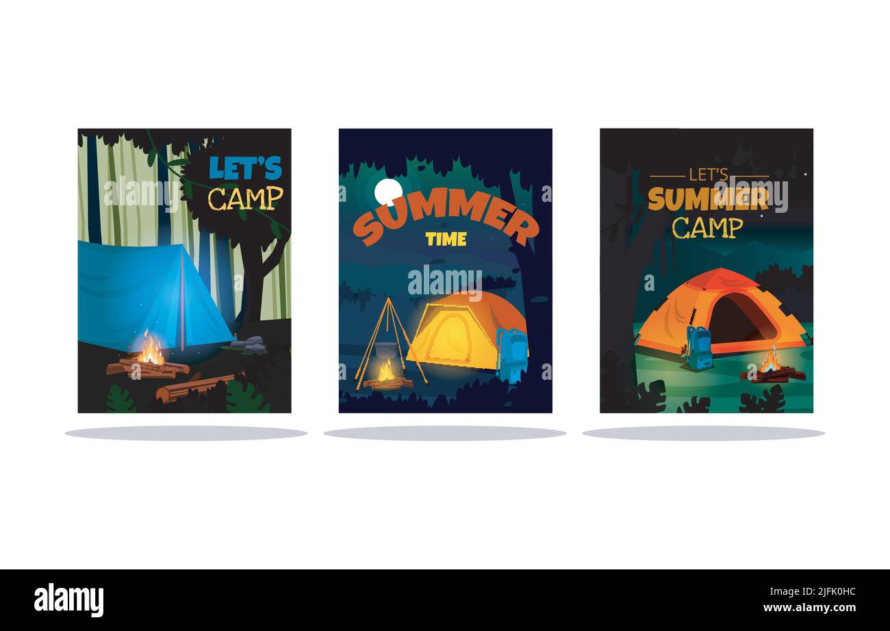 Summer Time Camping Tent Nature Landscape Card Template Stock Vector