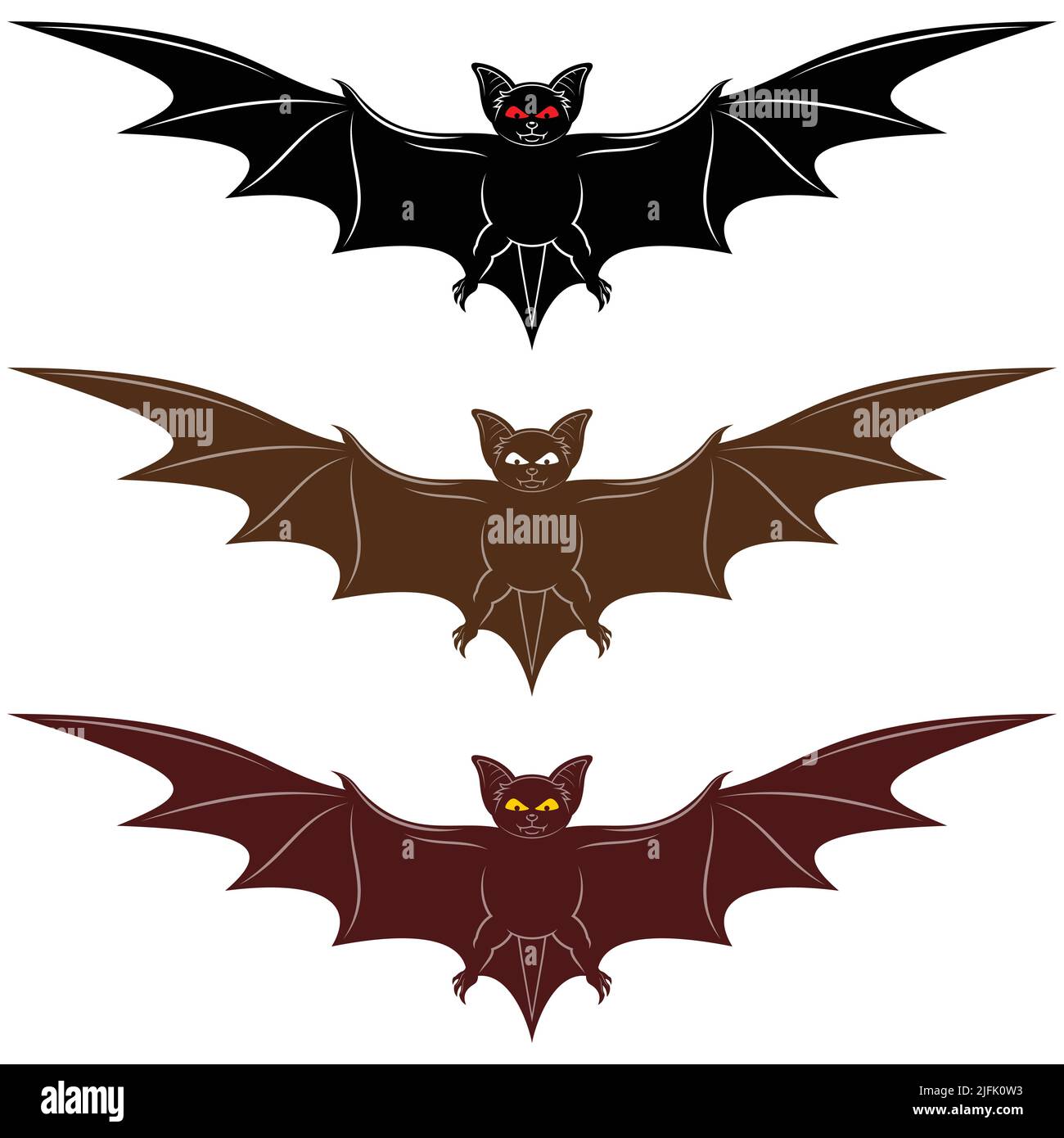 Vector design of two flying mammals, bat in two colors. All on white background. Stock Vector