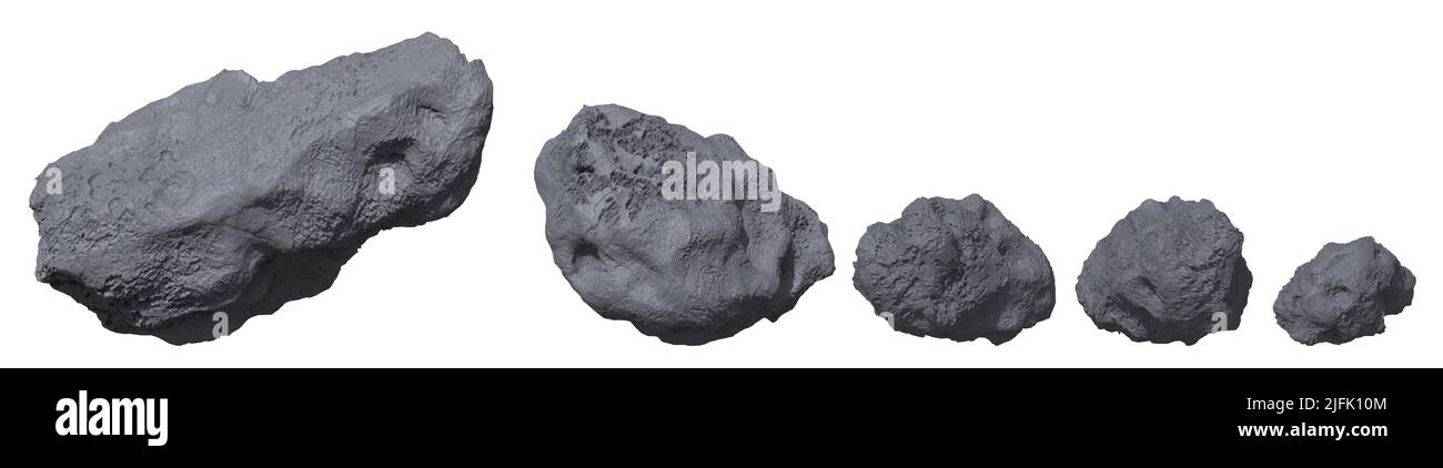 Stone asteroids realistic vector illustration. Meteor or space boulder or rock with craters isolated icon set on white background, various form Stock Vector