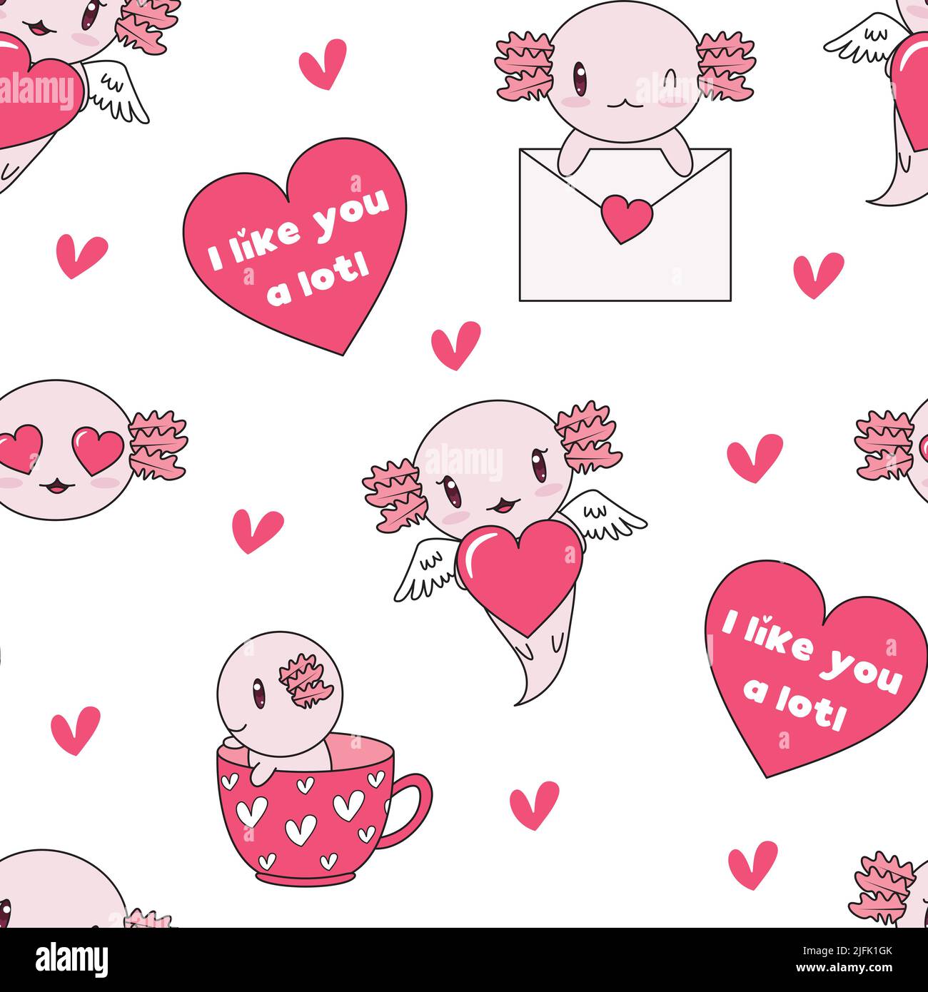 Cute Valentine Axolotl, Axolotls Valentine Seamless pattern, White Background Stock Vector