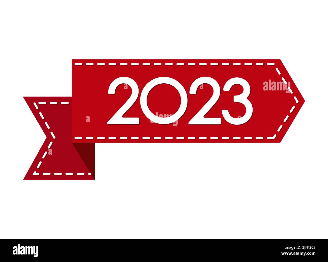 Happy New Year 2023. Red ribbon, pennant with the number 2023 for New Year and Christmas