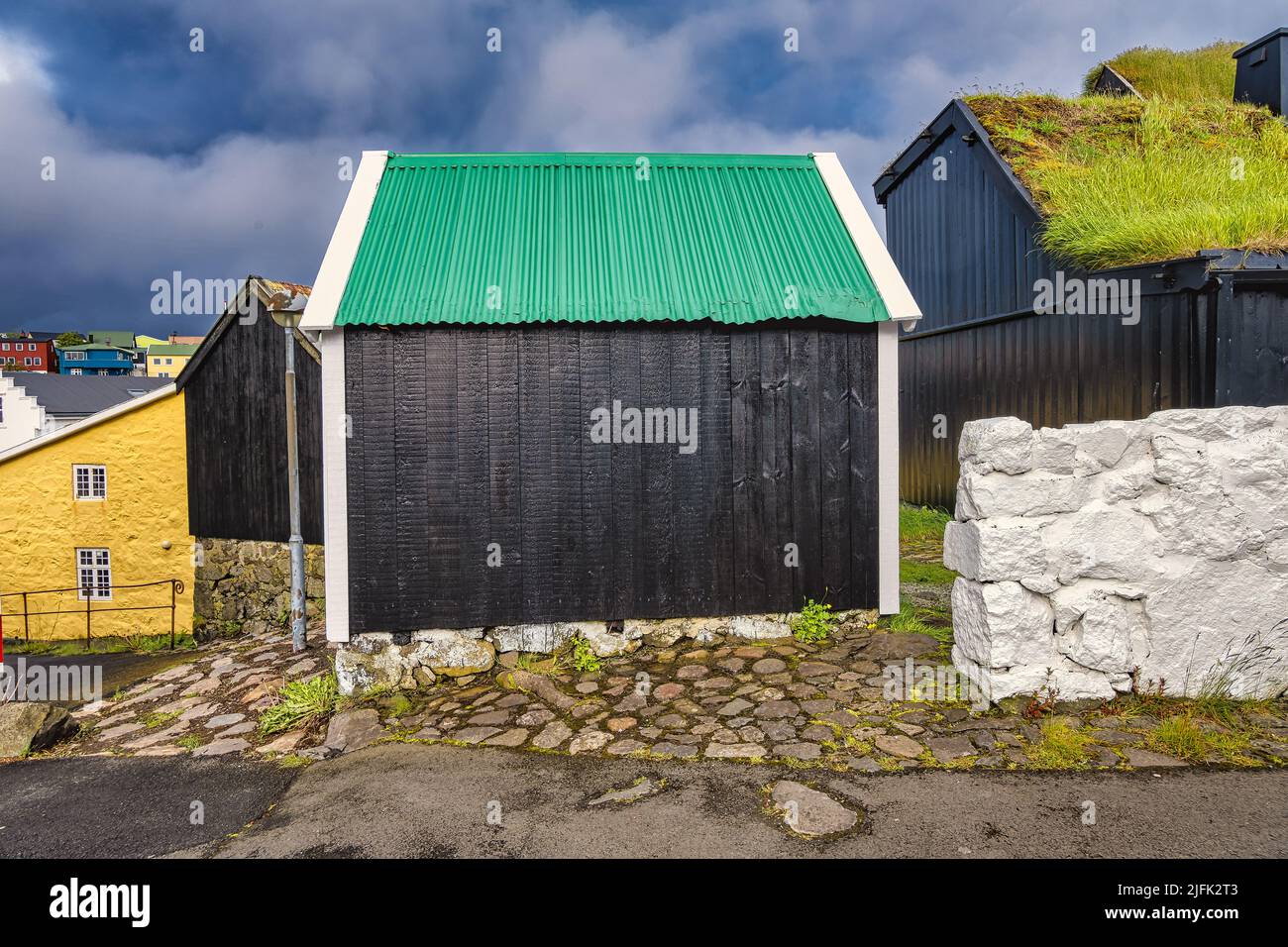 Torshavn dry aging houses in the old part of the city, Faroe Islands Stock Photo