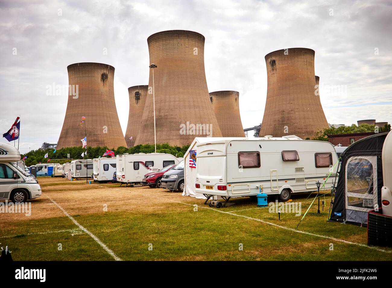 Drax power station, camping on the fields of Drax Sports & Social Club Stock Photo