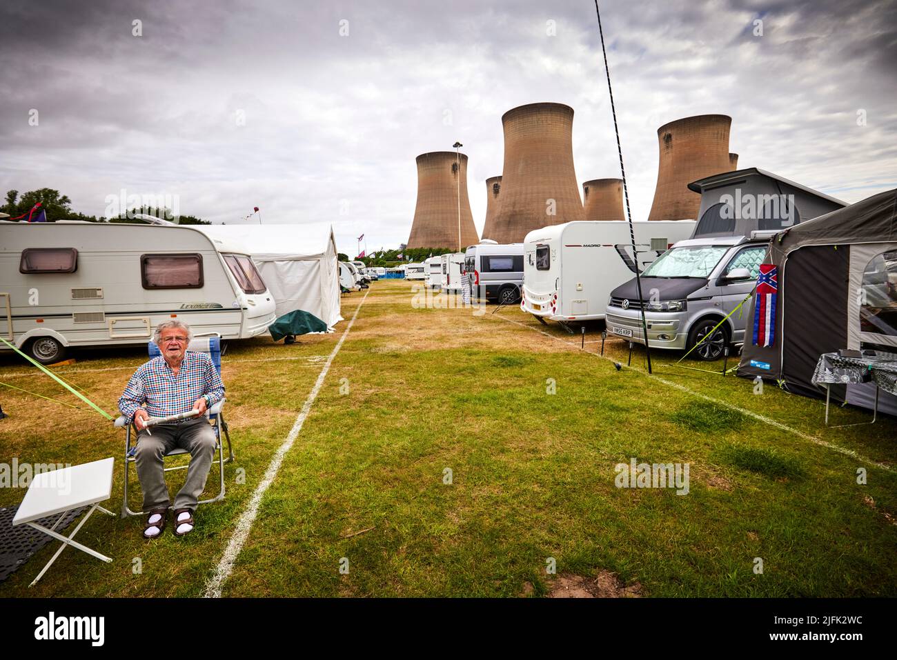 Drax power station, camping on the fields of Drax Sports & Social Club Stock Photo