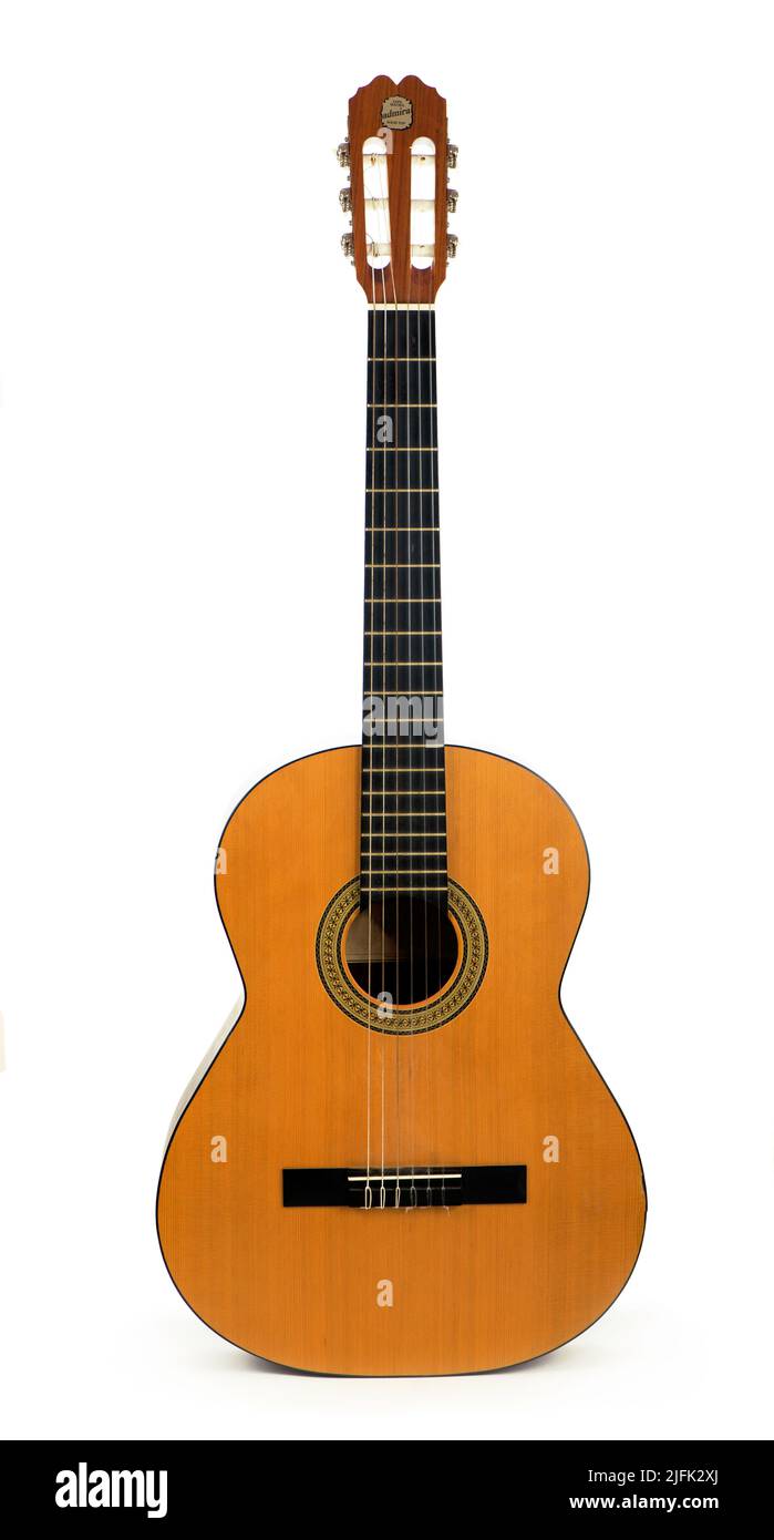 Classical acoustic six-string guitar isolated on white Stock Photo