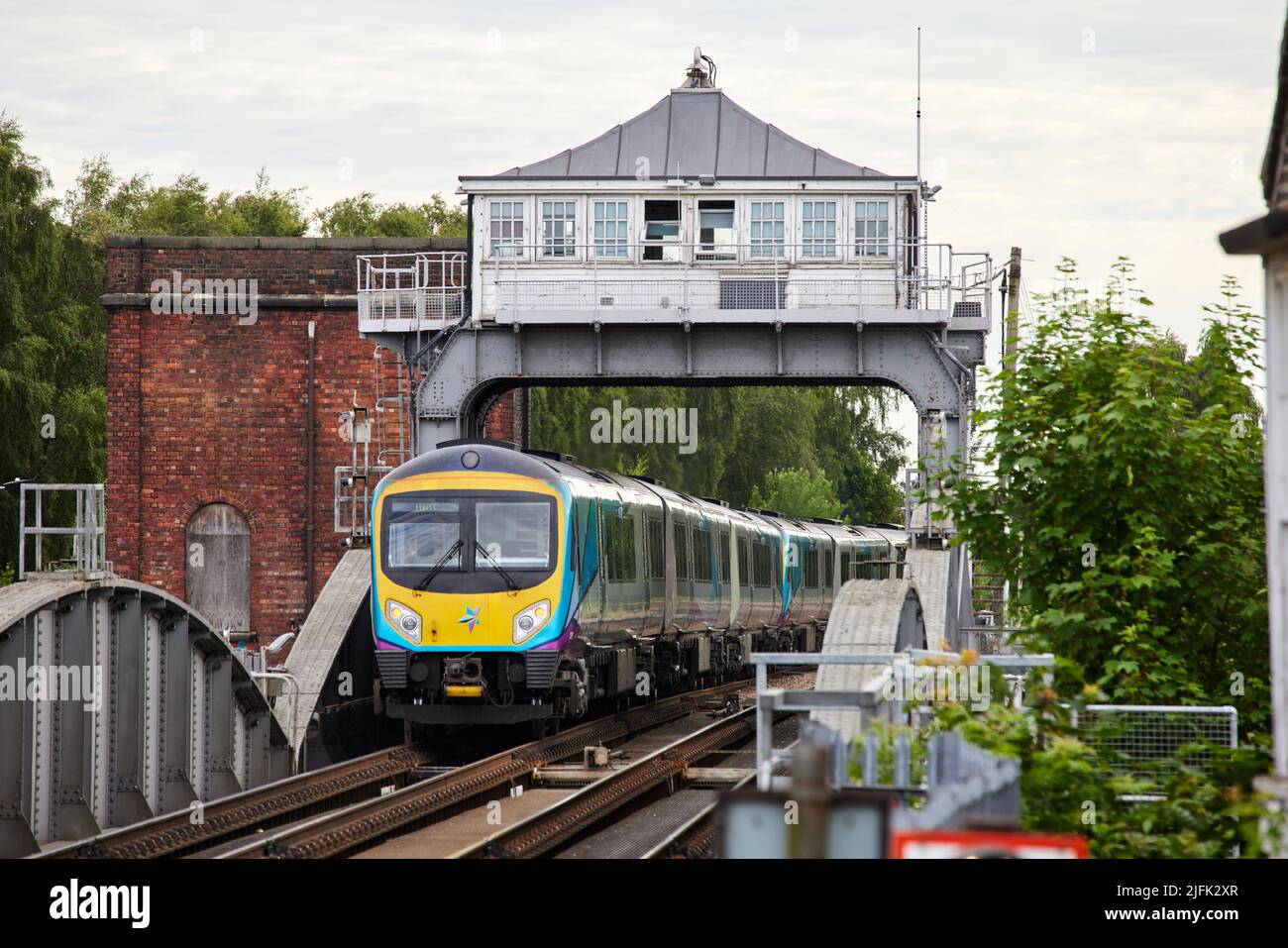 Selby Railway Swing Bridge crossing the River Ouse , pictured British Rail Class 185 TransPennine Express Stock Photo
