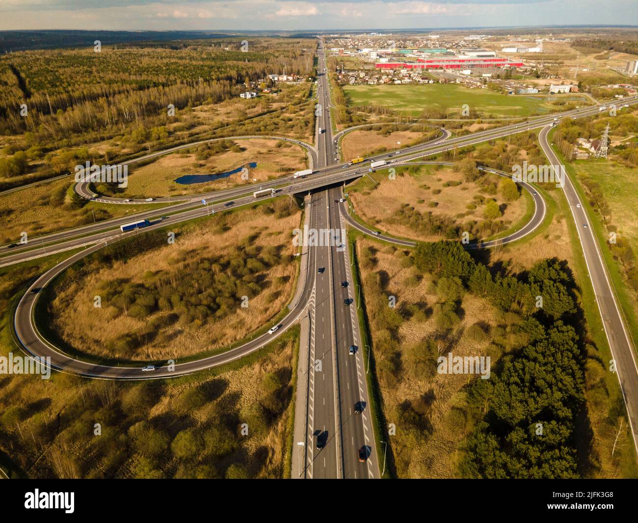 A bird's eye view of clover leaf transport intersection in Kaunas, Lithuania Stock Photo