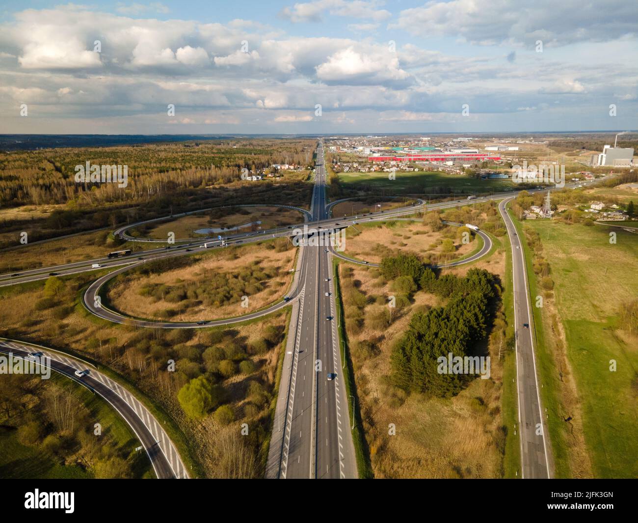 A bird's eye view of clover leaf transport intersection in Kaunas, Lithuania Stock Photo