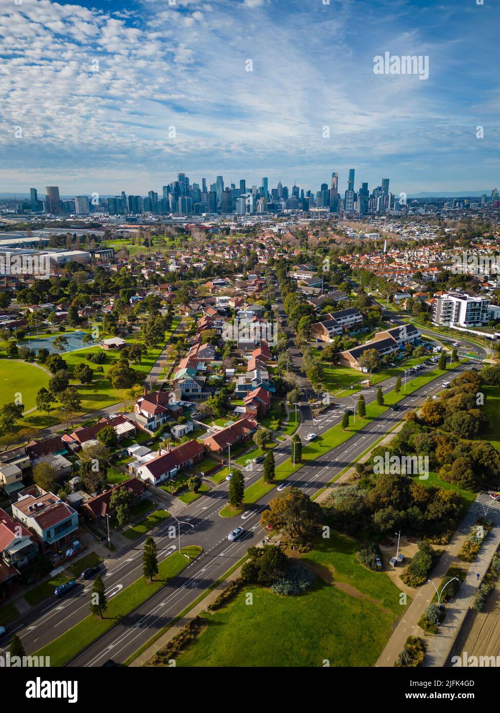Aerial view of Melbourne CBD and coastal suburb Stock Photo