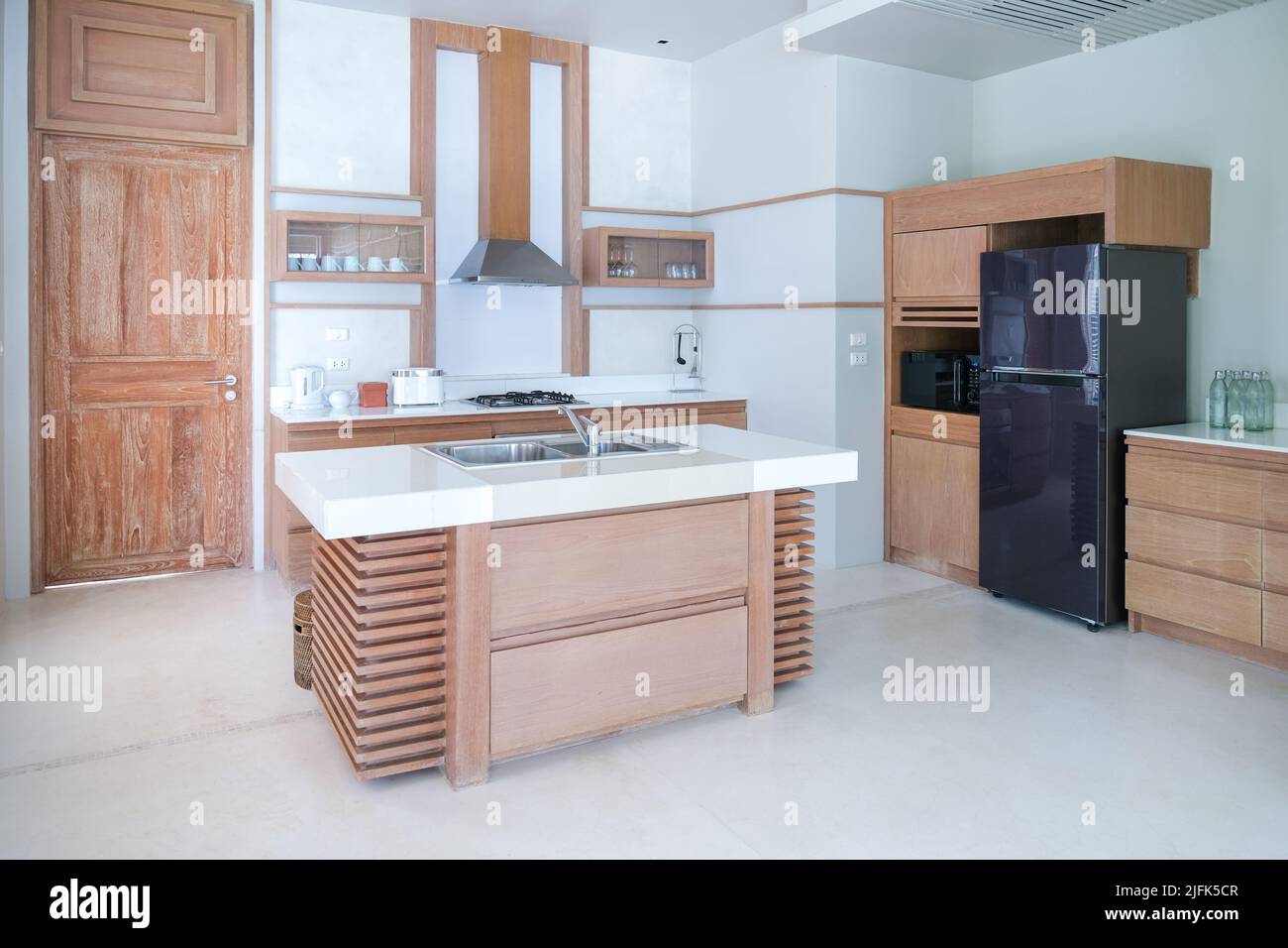 Modern wooden kitchen, Modern kitchen with an open design Stock Photo Alamy