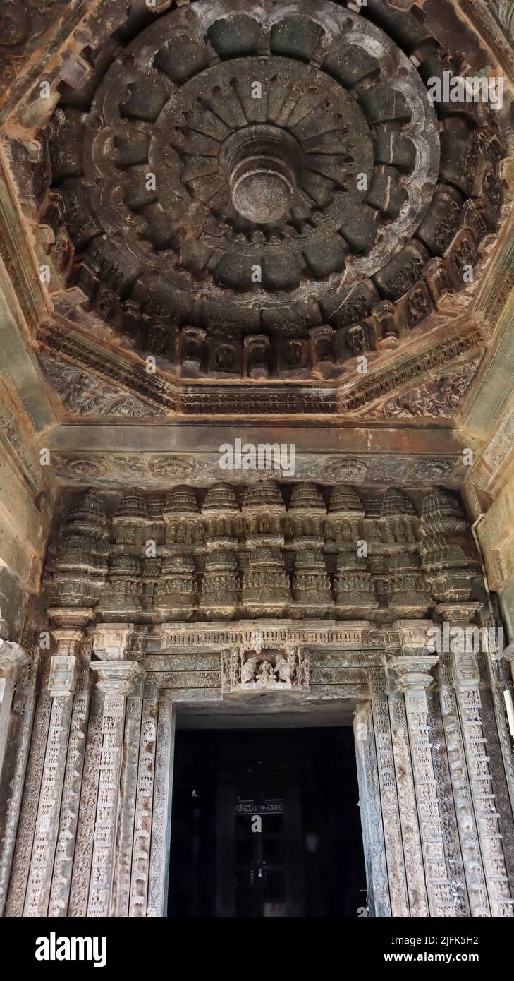 Carvings of Shrine Entrance and Ceilling Carving of Mahadeva Temple, Itagi, Koppal, Karnataka, India. Stock Photo