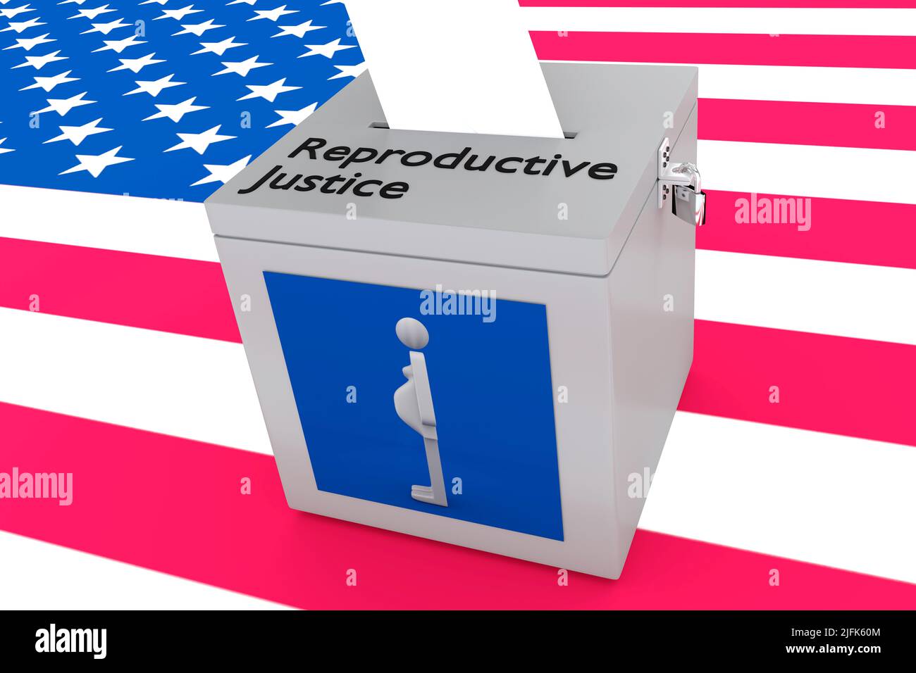 3D illustration of a ballot box with Reproductive Justice script on its top and a silhouette of a pregnant woman in front, isolated over US flag as a Stock Photo