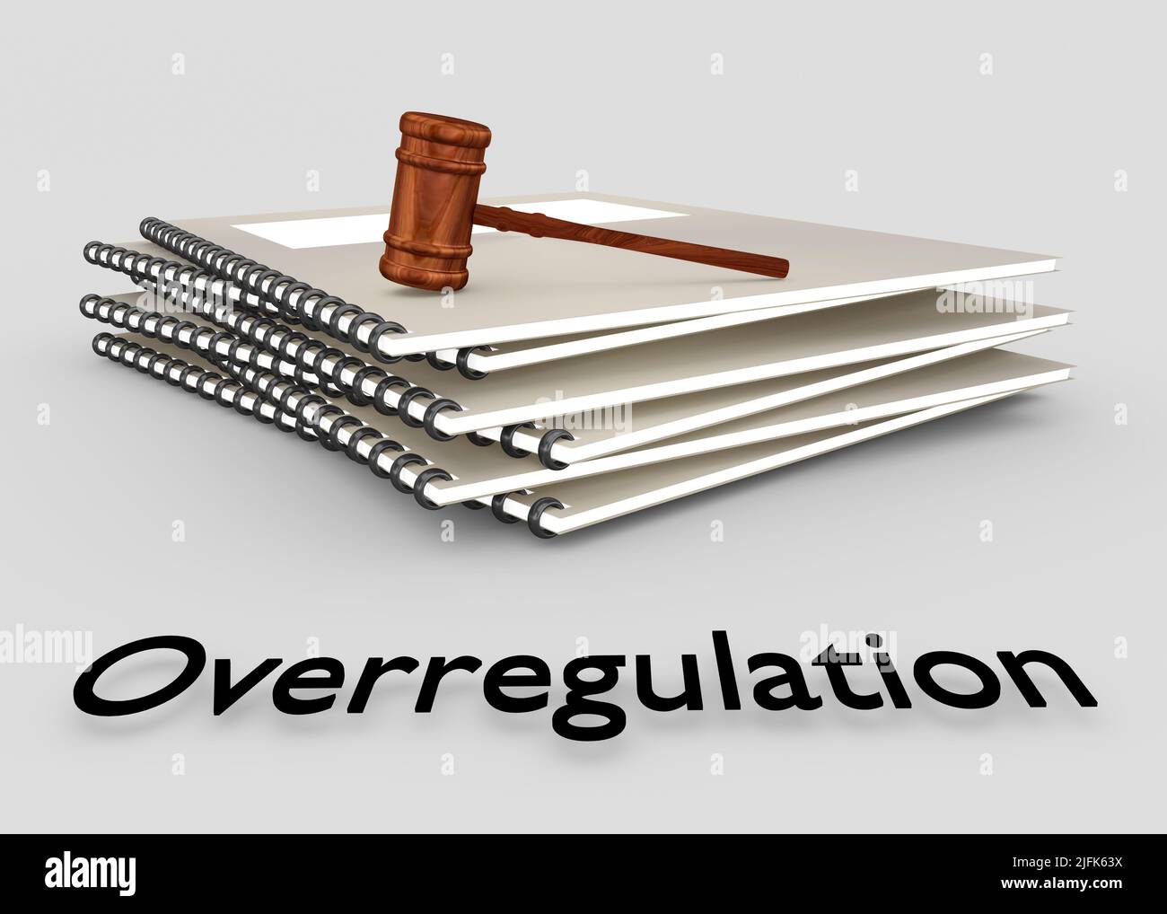 3D illustration of a judge gavel on top of a pile of booklets titled as Overregulation, isolated on gray. Stock Photo
