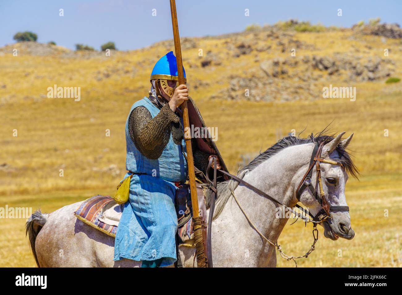 Lavi, Israel - July 01, 2022: Reenactment of the 1187 Battle of the Horns of Hattin (Ayyubid sultan Saladin defeated the crusaders): Crusader knight o Stock Photo
