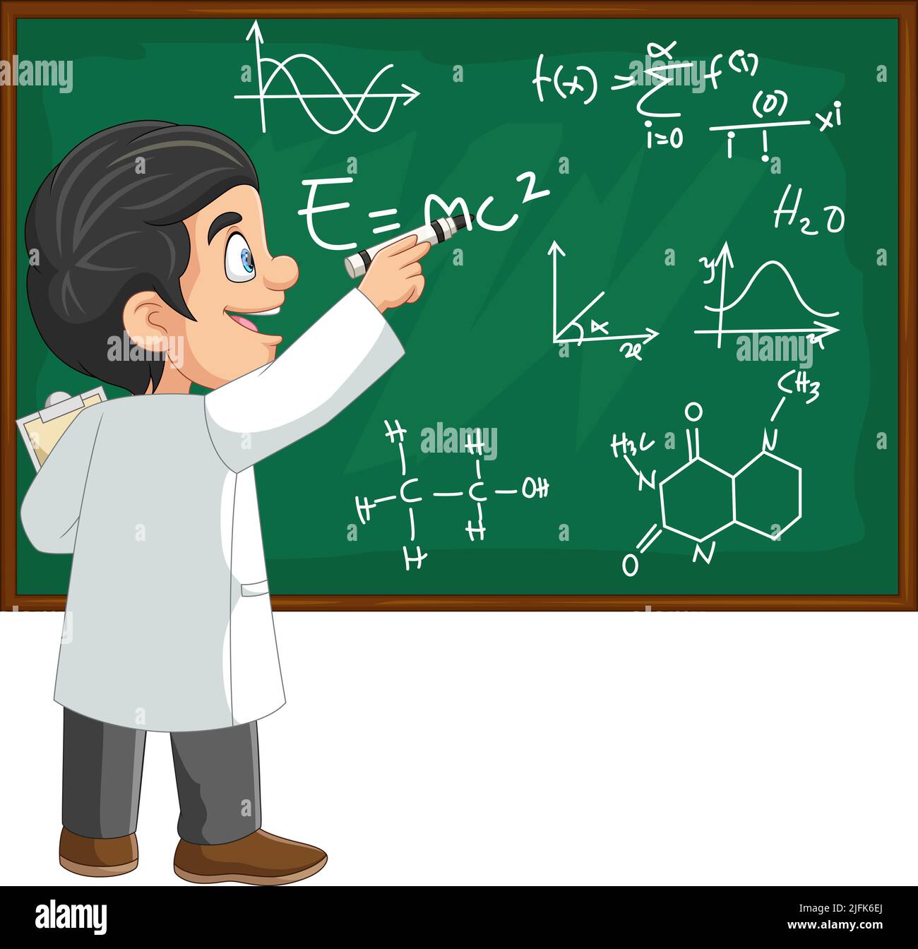 Chemistry teacher writing chemical reactions on blackboard Stock Vector
