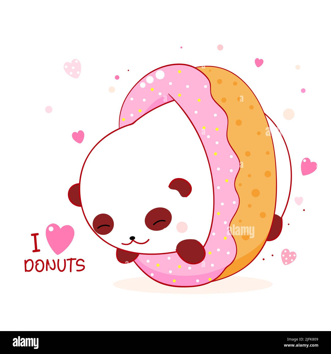 Cute little panda with donut. Square card with lovely fat panda and sweet bakery. Inscription I love donuts. Vector illustration EPS8 Stock Vector