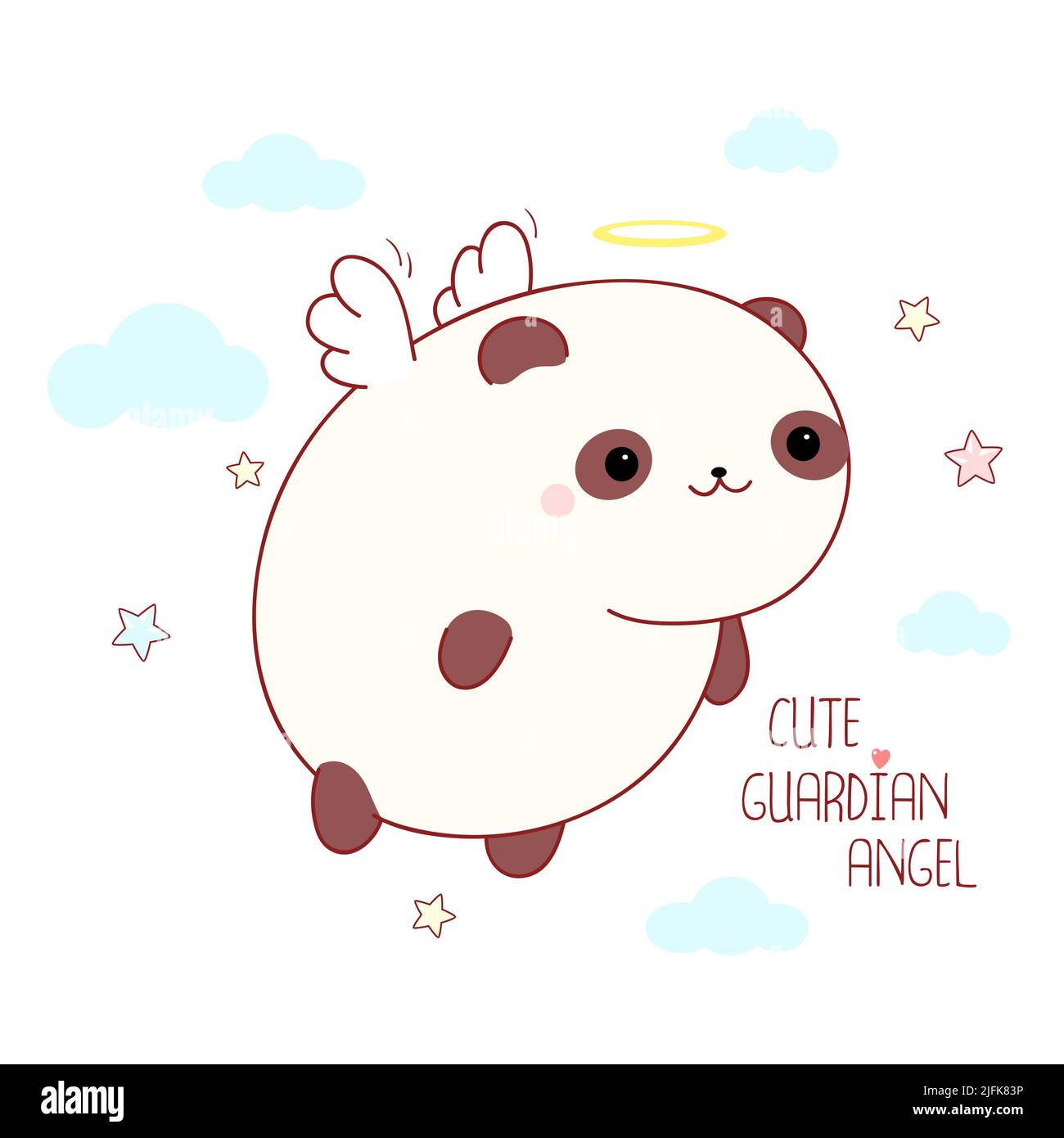 Square card with cute little panda with angel wings and halo. Lovely fat panda with nimbus. Inscription Cute guardian angel. Vector illustration EPS8 Stock Vector
