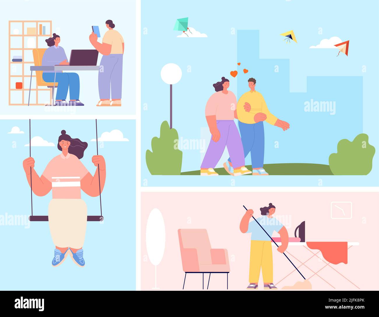 Girl daily routine. Female character working, cleaning home and walking with boyfriend. Girl on swing, happy woman vector scenes Stock Vector
