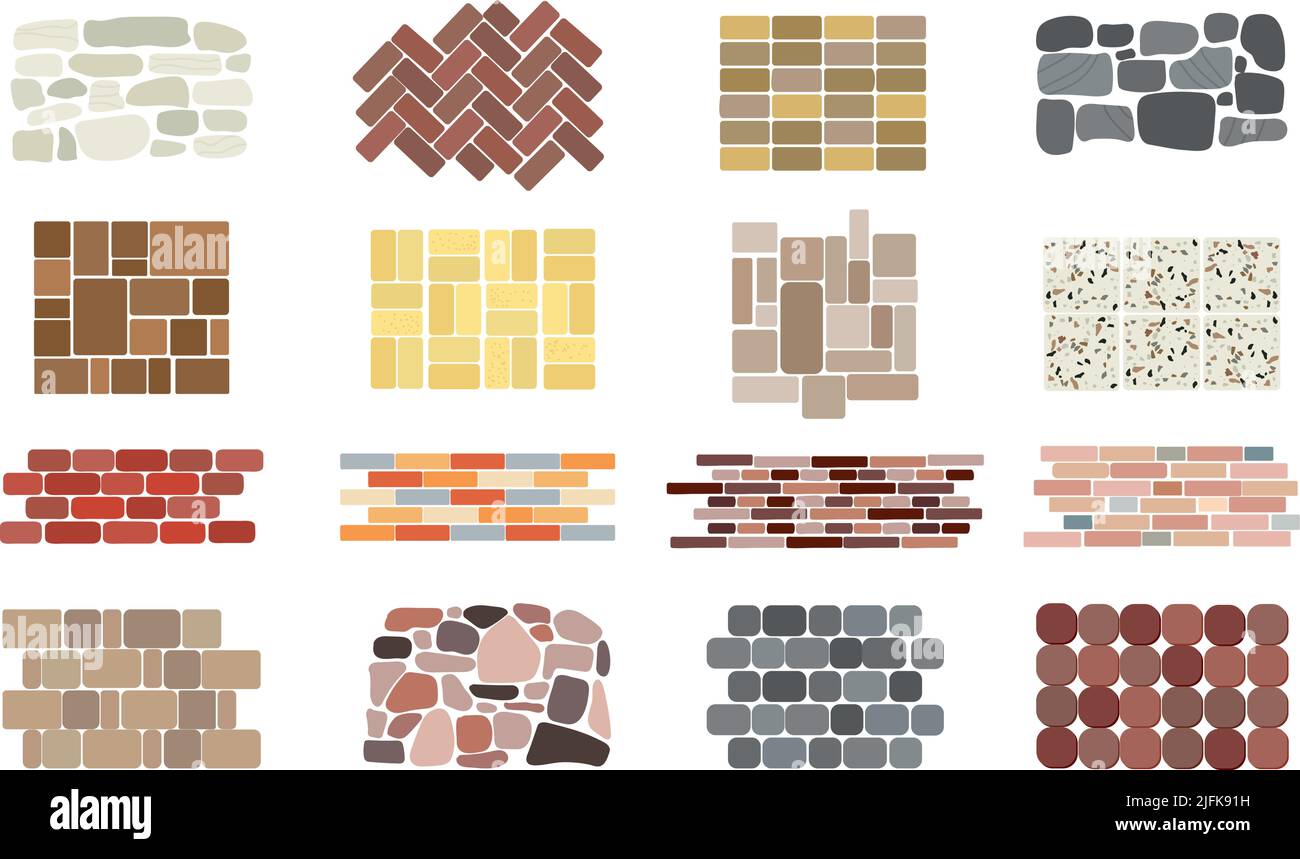 Natural stone textures. Italian square stones wall, granite block and cobble rock floor. Interior terrazzo pattern tiles, cartoon red bricks and Stock Vector