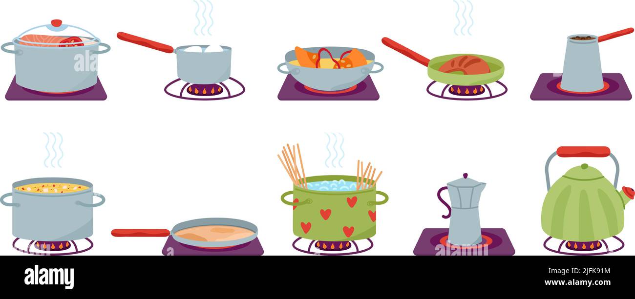 Cooking in pan. Pots and pans on gas stove or burner. Isolated hot cook kitchen process. Frying and boil in crockery, food in cookware decent vector Stock Vector