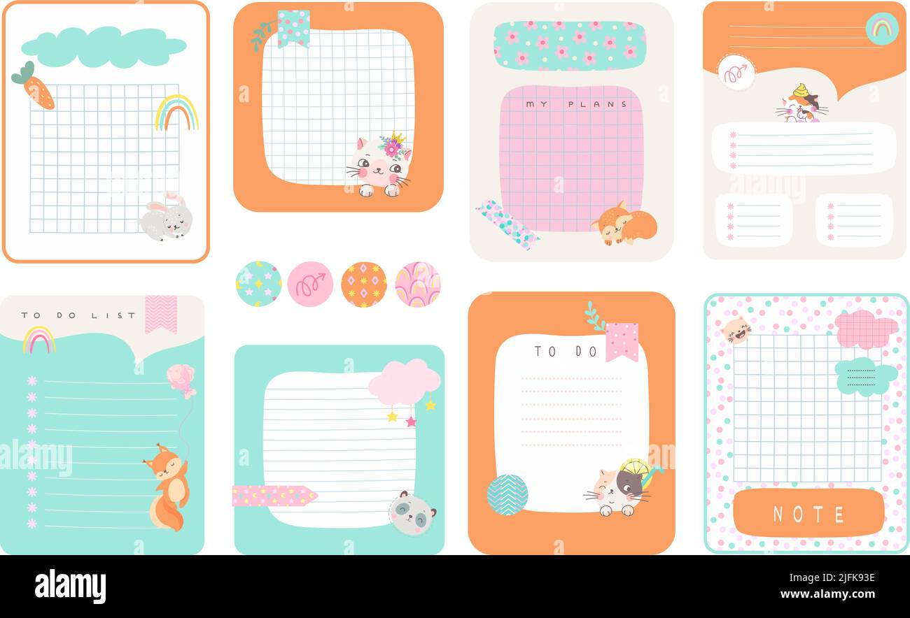 Notepads template. Page list notes organizing, notepad diary for kids