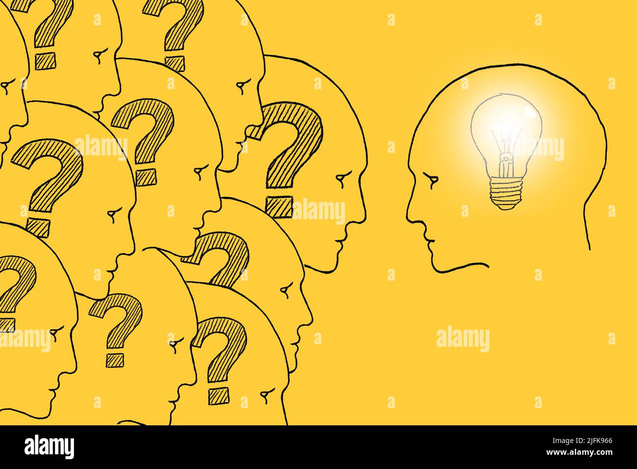 Human heads with question marks inside and one head with light bulb inside. Illustration on yellow. Idea generation, FAQ Stock Photo