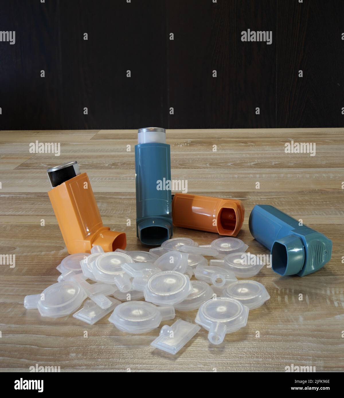 Asthma treatment medicine caps, sprays and inhalers Stock Photo Alamy