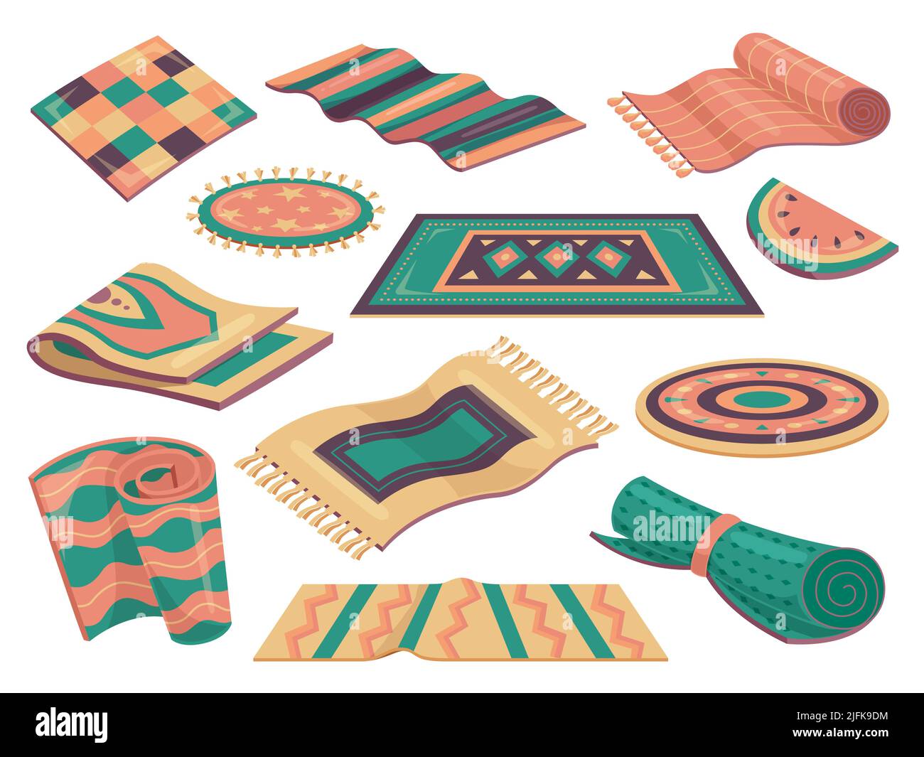 Cozy home carpets. Floor rug, rustic mat different materials. Color decoration carpet for room interior. Textile rugs, isolated craft wool racy vector Stock Vector