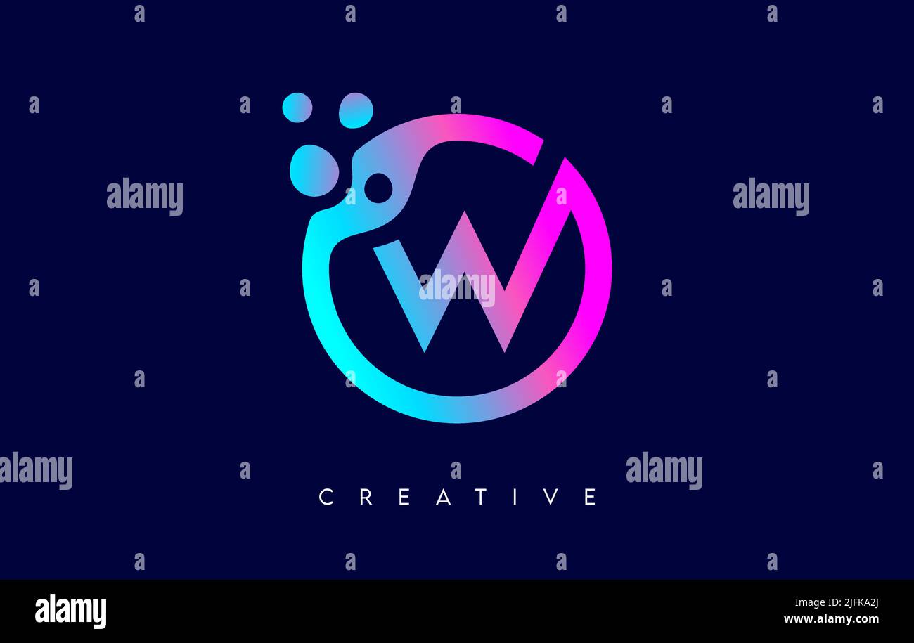 Letter W Logo Icon Design with Dots and Bubbles inside a Circular Shape in Purple Neon Colors Vector Illustration. Stock Vector