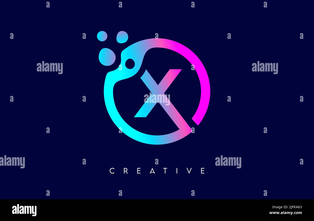 Letter X Logo Icon Design with Dots and Bubbles inside a Circular Shape in Purple Neon Colors Vector Illustration. Stock Vector