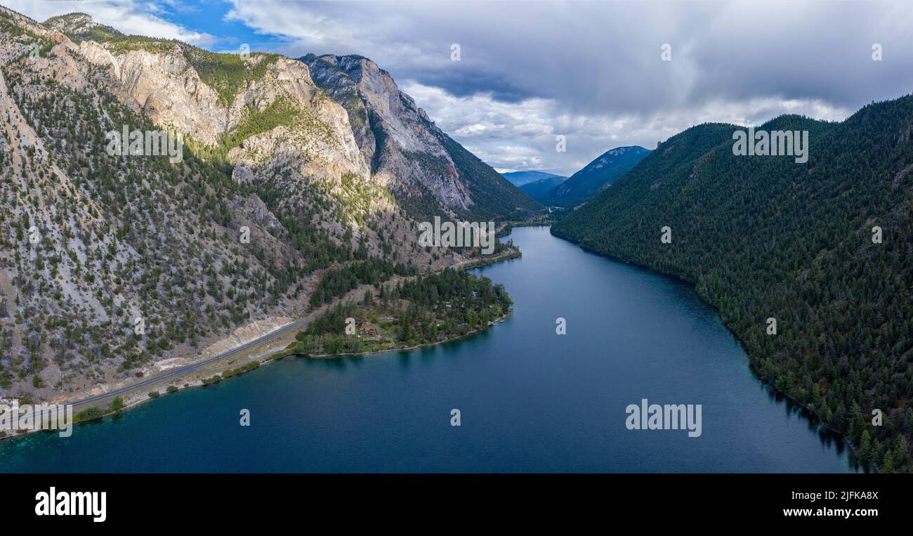 Elevated perspective view of the crystal clear water of Pavilion Lake in Marble Canyon