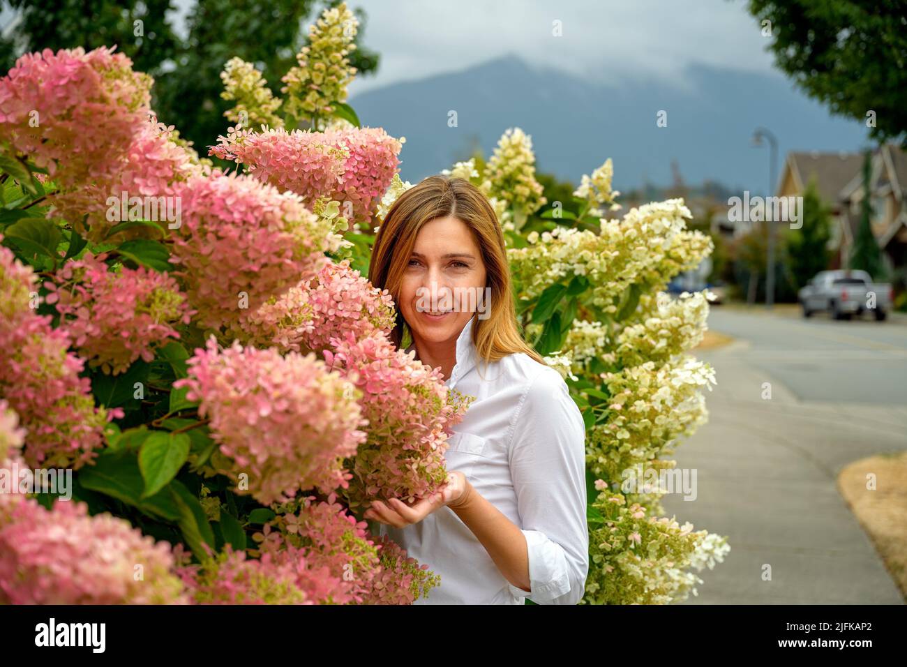Happy attractive woman in her late 40s enjoying her beautiful flower garden and contentedly looking at her blooming hortensia and hibiscus flowers in Stock Photo