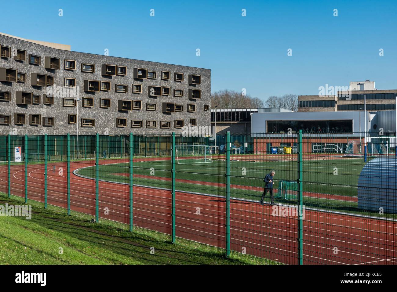Ixelles, Brussels Capital Region - Belgium Athletics track and sports center of the VUB university. Stock Photo