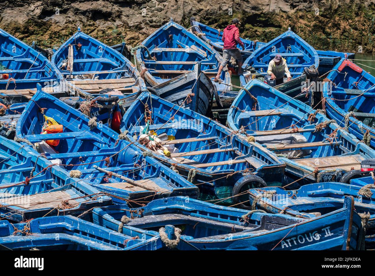 classic Moroccan fishing boats, fishing port, Essaouira, morocco, africa. Stock Photo