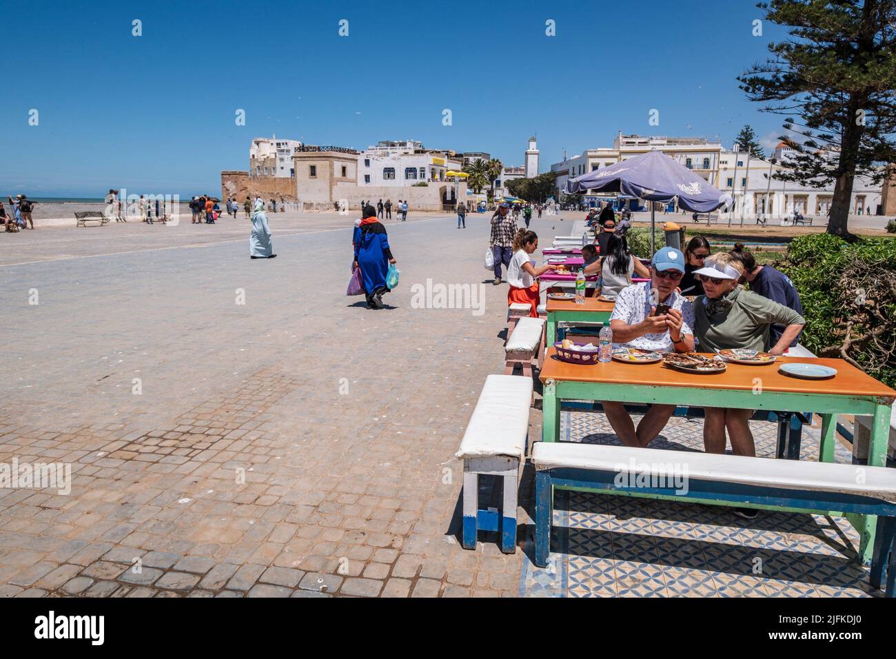 outdoor fish of the day restaurant, fishing port, Essaouira, morocco, africa. Stock Photo