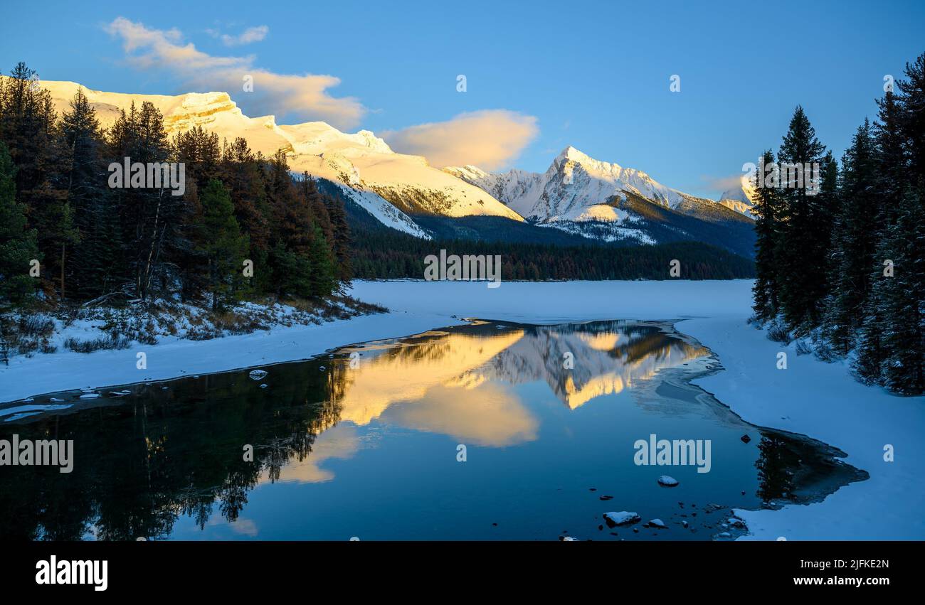 The Maligne Lake with Queen Elizabeth Ranges in the background in