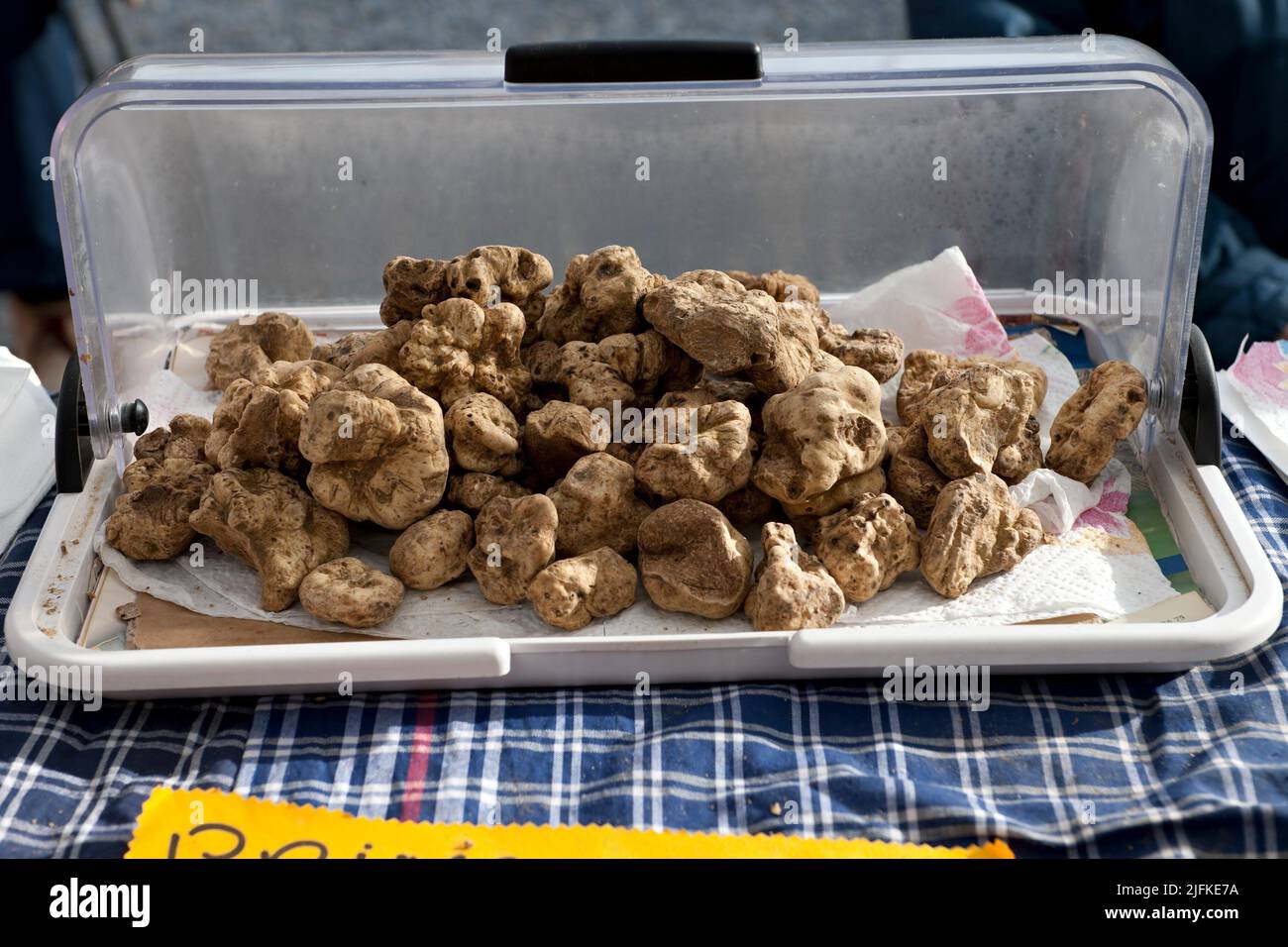 White truffles on display for sale on the farmers market in Italy. Stock Photo
